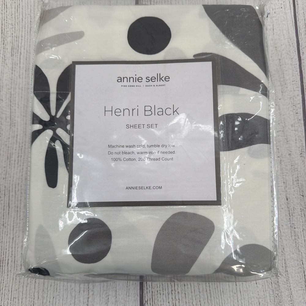 Annie Selke Sheet Set FULL Henri Black White Gray Floral 100% Cotton Abstract